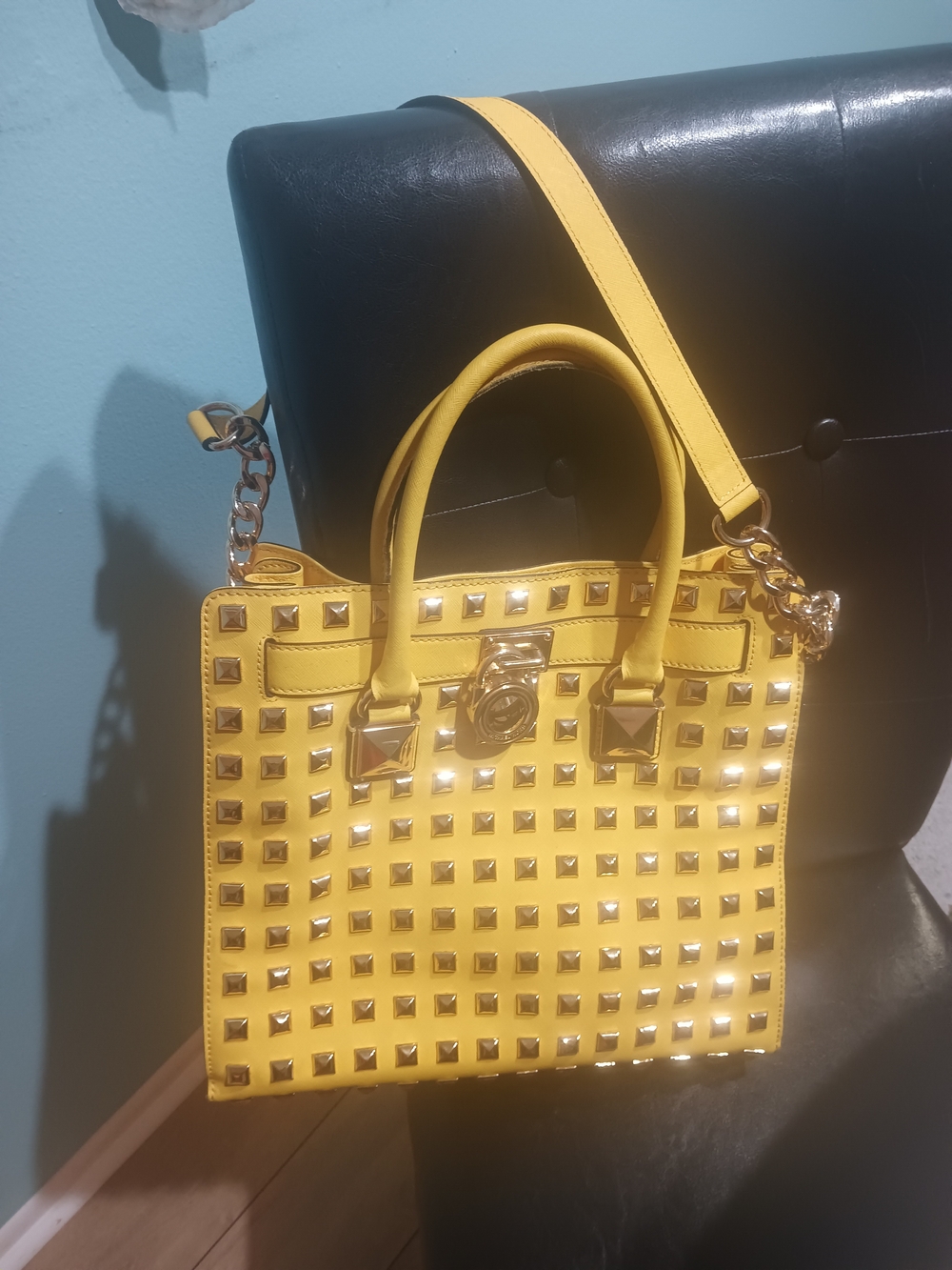 Michael Kors Yellow Studded Satchel with Gold Hardware